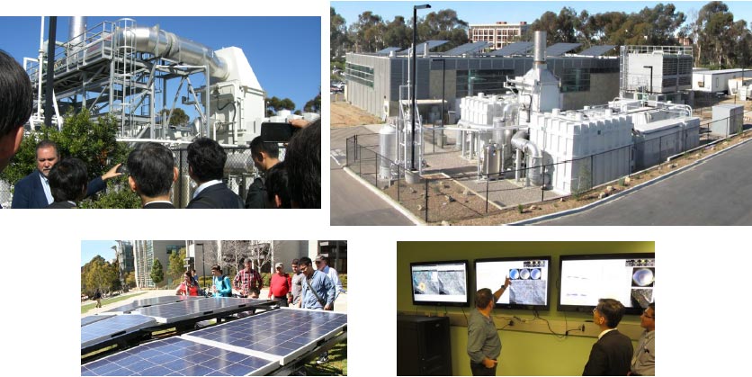 Microgrid system; biogas turbine and 2.8 MW fuel cell (upper), solar panels and monitor of solar forecasting system (lower)