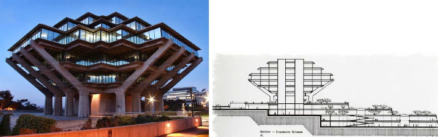Symbolic Geisel Library of UC San Diego; with large library facilities also in underground levels