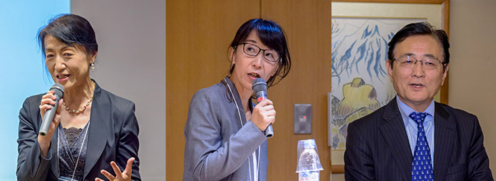 From the left: Yukari Mitsuhashi, Vice-Director of Kyoto University’s International Strategy Office, serves as MC, Prof. Hirakawa delivers a keynote lecture, Executive Vice-President Minato delivers a speech