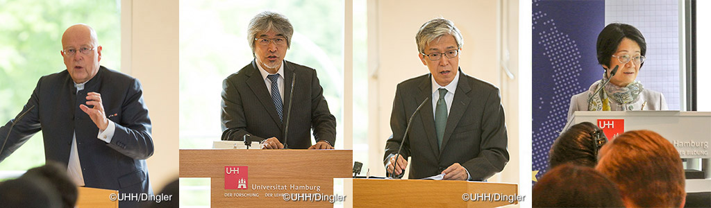 From left: UHH President Lenzen, KU President Yamagiwa, and HE Mr Yagi delivering opening addresses, and EVP Inaba delivering a closing address